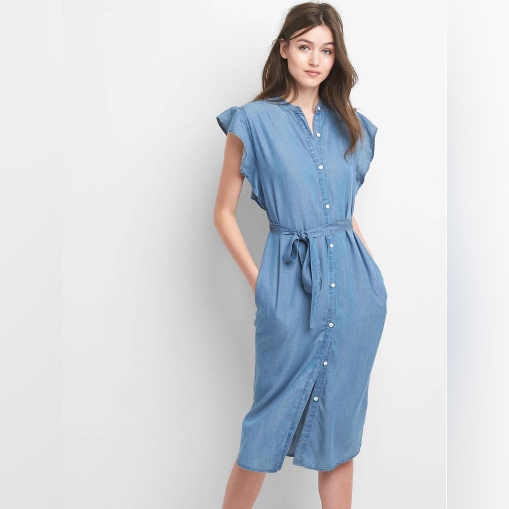 Euc Gap Flutter Sleeve Chambray Tencel Midi Shirt… - image 1